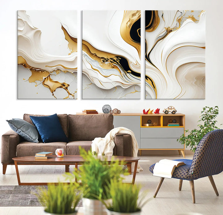 Three Gold Waves on Pure White art pieces adorn a dark wall.