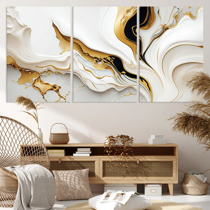 Three Gold Waves on Pure White art pieces adorn a dark wall.