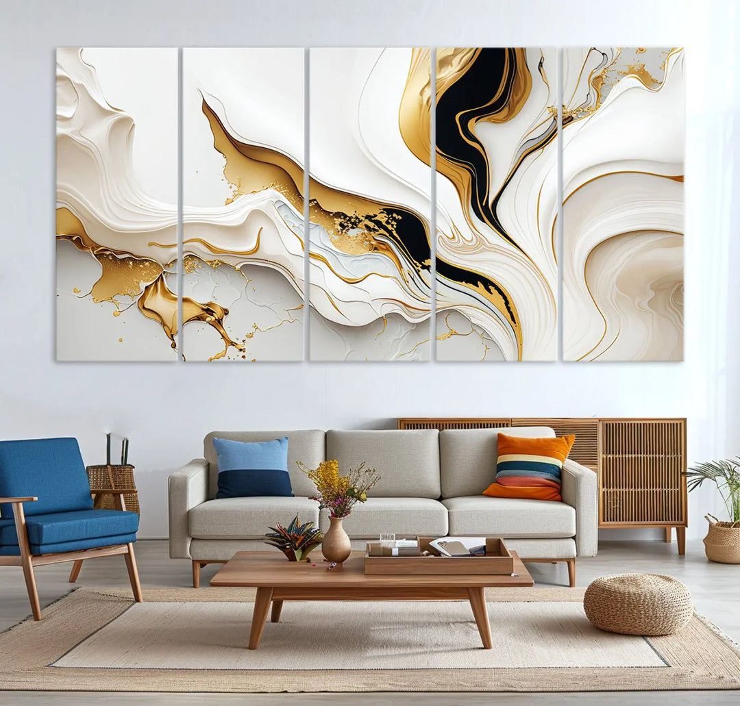 Three Gold Waves on Pure White art pieces adorn a dark wall.