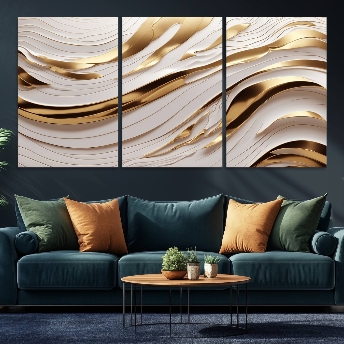 Gold and White Abstract Wave Canvas – Elegant Flowing Design with Luxurious Golden Accents – Contemporary Home Decor