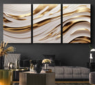Gold and White Abstract Wave Canvas – Elegant Flowing Design with Luxurious Golden Accents – Contemporary Home Decor