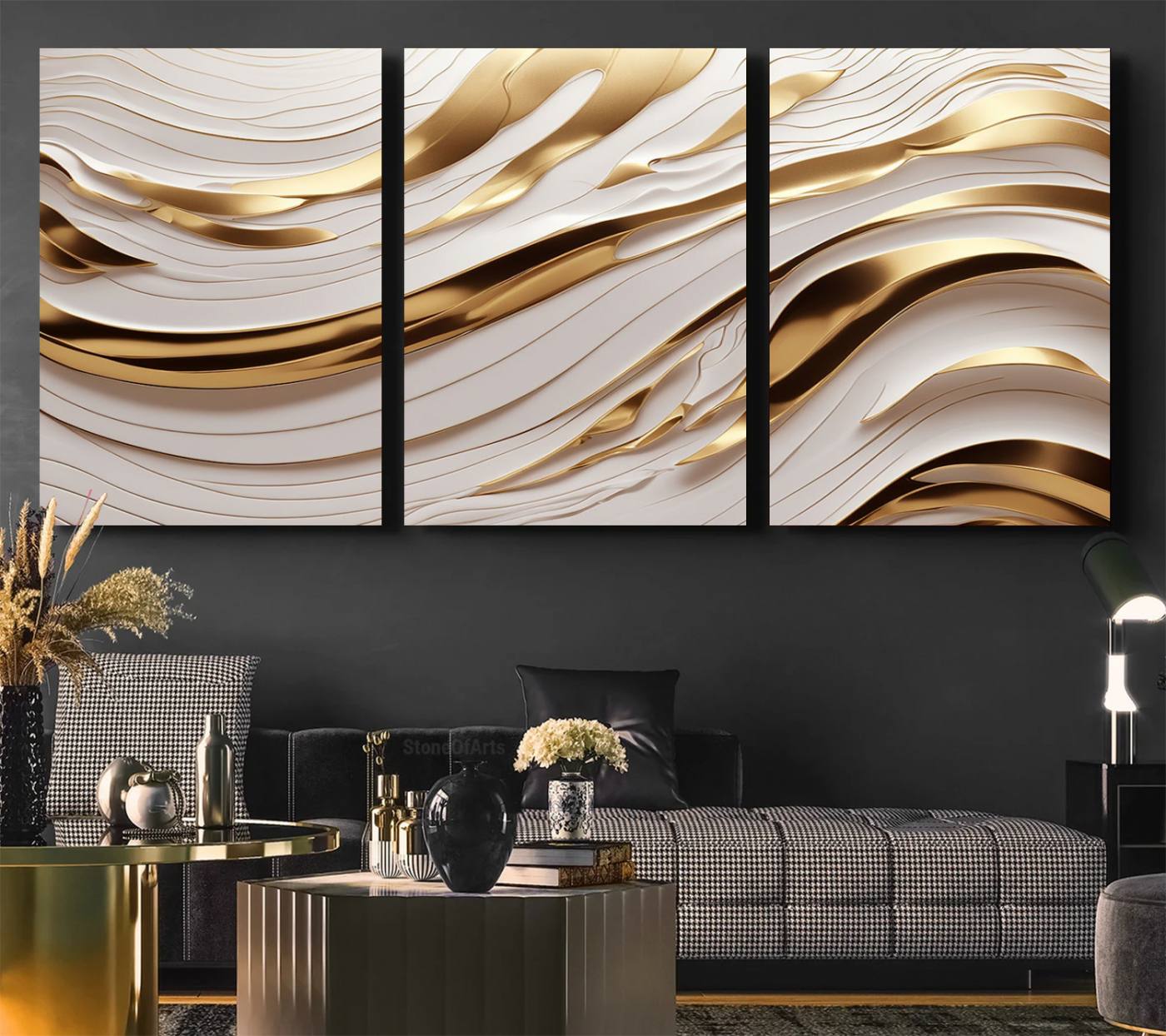 Gold and White Abstract Wave Canvas – Elegant Flowing Design with Luxurious Golden Accents – Contemporary Home Decor