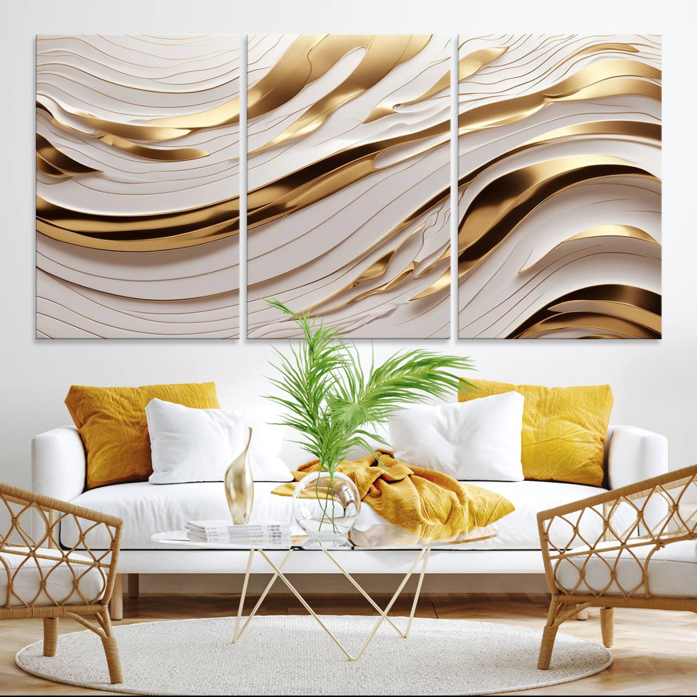 Gold and White Abstract Wave Canvas – Elegant Flowing Design with Luxurious Golden Accents – Contemporary Home Decor