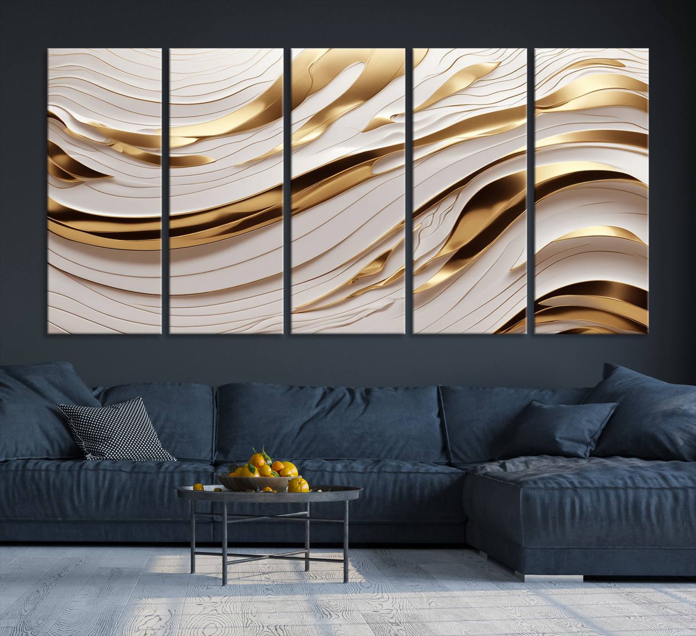 Gold and White Abstract Wave Canvas – Elegant Flowing Design with Luxurious Golden Accents – Contemporary Home Decor