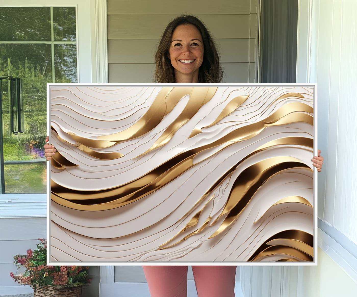 81197-MGV-CV-36X24-Gold and White Abstract Wave Canvas – Elegant Flowing Design with Luxurious Golden Accents – Contemporary Home Decor