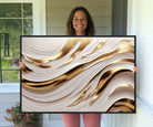 81197-MGV-CV-36X24-Gold and White Abstract Wave Canvas – Elegant Flowing Design with Luxurious Golden Accents – Contemporary Home Decor