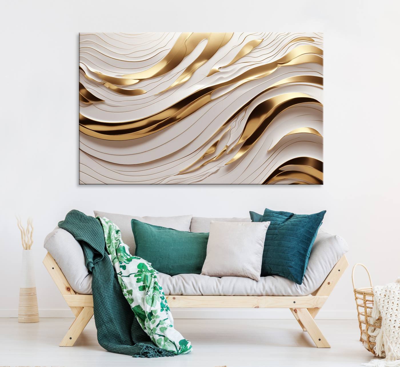 Gold and White Abstract Wave Canvas – Elegant Flowing Design with Luxurious Golden Accents – Contemporary Home Decor