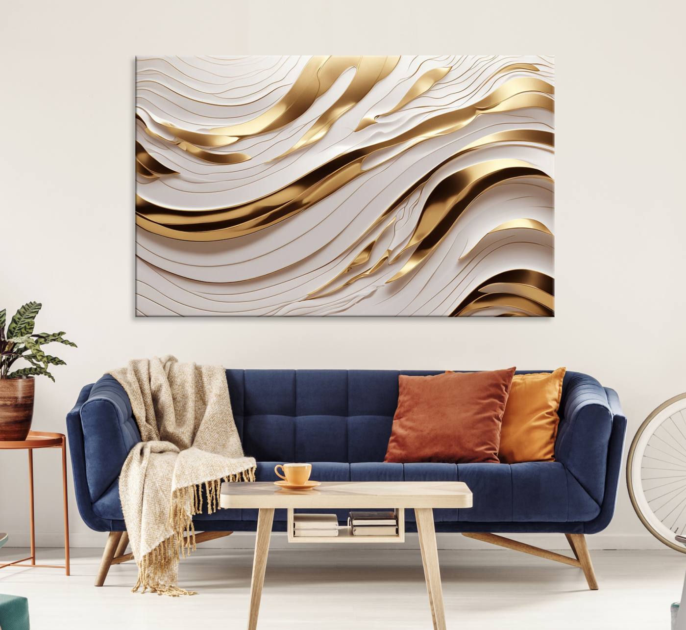 Gold and White Abstract Wave Canvas – Elegant Flowing Design with Luxurious Golden Accents – Contemporary Home Decor
