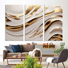 Gold and White Abstract Wave Canvas – Elegant Flowing Design with Luxurious Golden Accents – Contemporary Home Decor