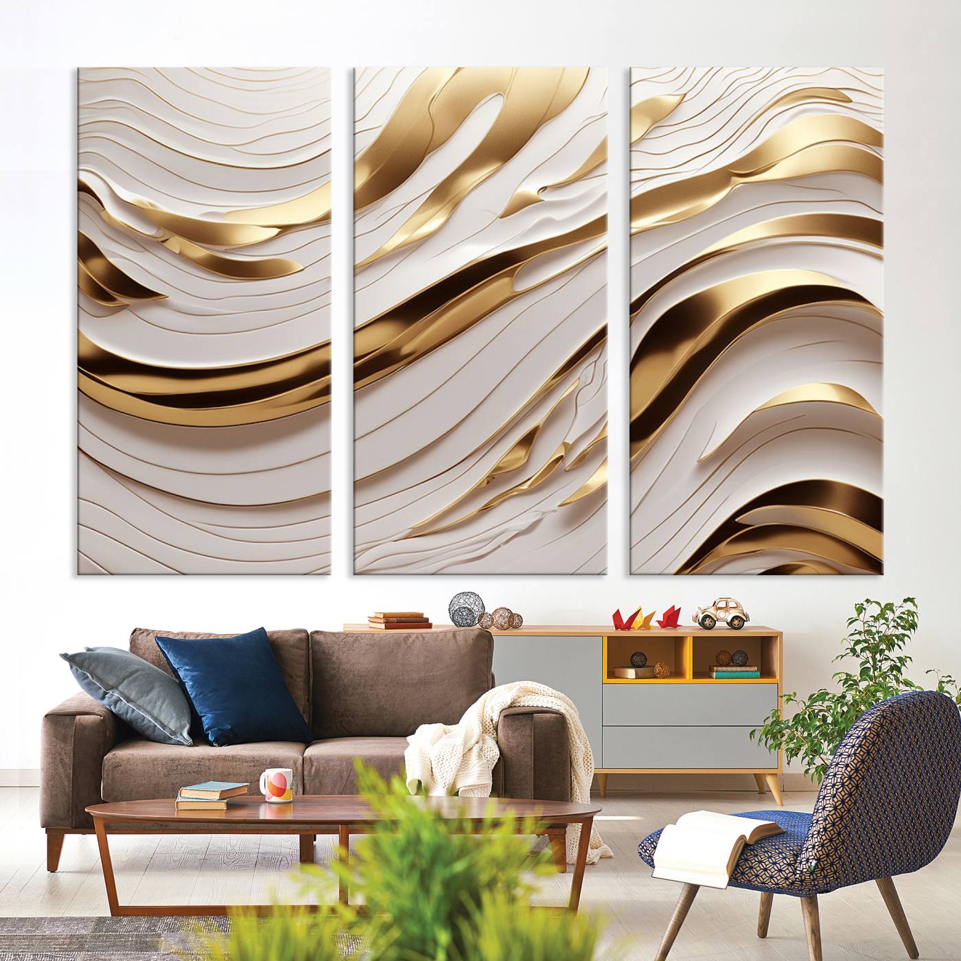 Gold and White Abstract Wave Canvas – Elegant Flowing Design with Luxurious Golden Accents – Contemporary Home Decor