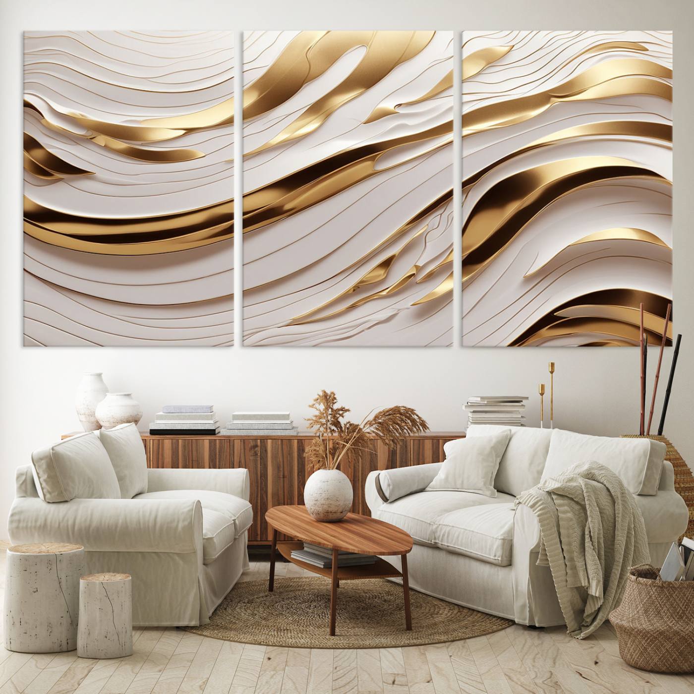 Gold and White Abstract Wave Canvas – Elegant Flowing Design with Luxurious Golden Accents – Contemporary Home Decor
