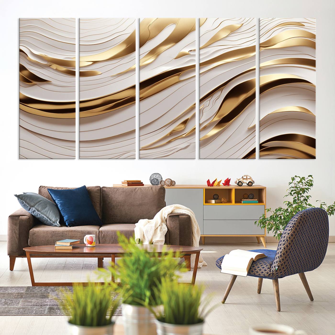 Gold and White Abstract Wave Canvas – Elegant Flowing Design with Luxurious Golden Accents – Contemporary Home Decor