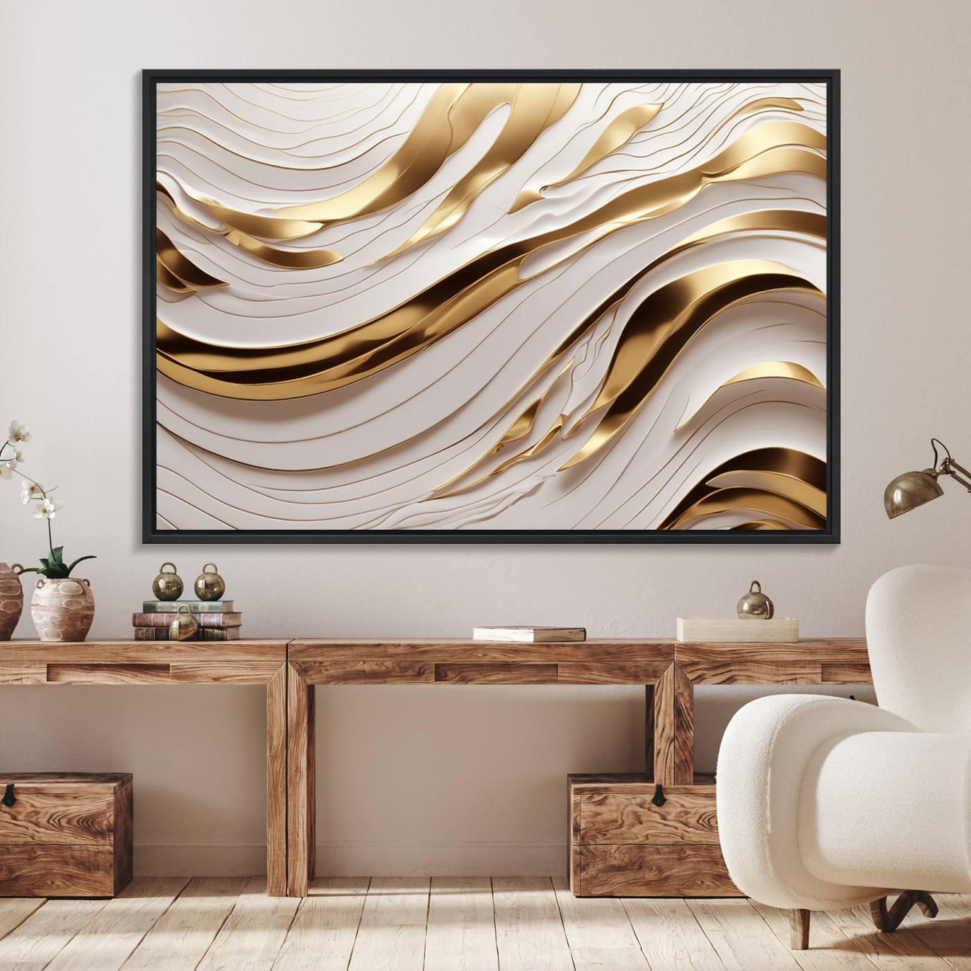 81197-MGV-FC-36X24_Black-Gold and White Abstract Wave Canvas – Elegant Flowing Design with Luxurious Golden Accents – Contemporary Home Decor