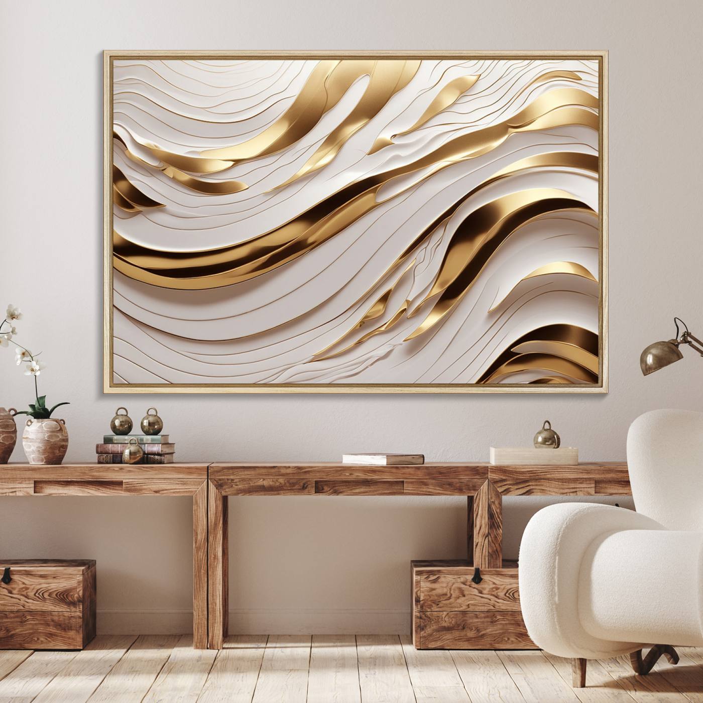 Gold and White Abstract Wave Canvas – Elegant Flowing Design with Luxurious Golden Accents – Contemporary Home Decor