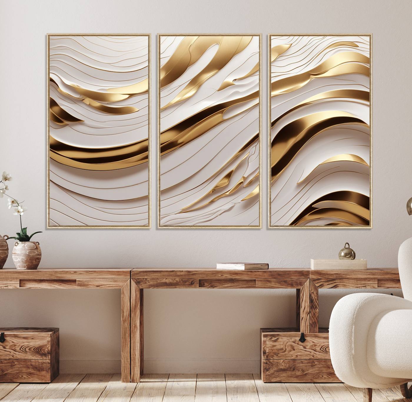 81197-MGV-FC-48X32-3P_Natural-Gold and White Abstract Wave Canvas – Elegant Flowing Design with Luxurious Golden Accents – Contemporary Home Decor