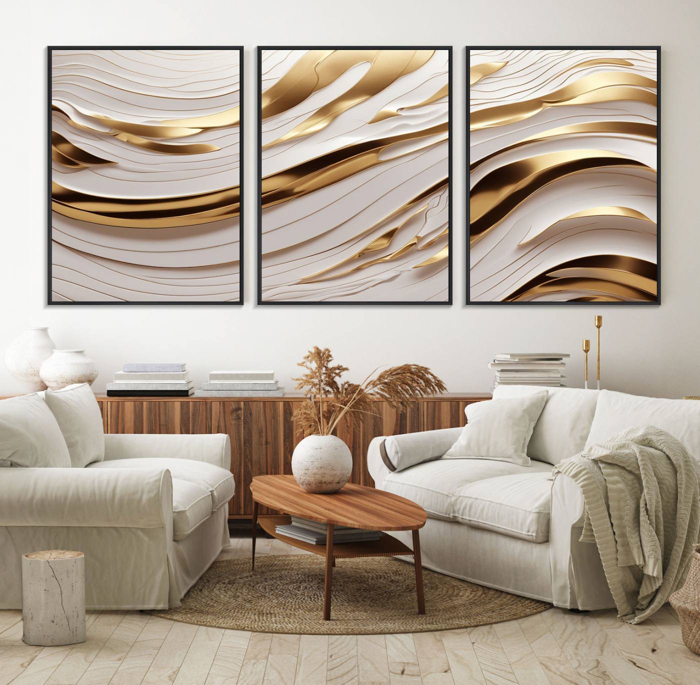 81197-MGV-FC-60X30-3P_Black-Gold and White Abstract Wave Canvas – Elegant Flowing Design with Luxurious Golden Accents – Contemporary Home Decor