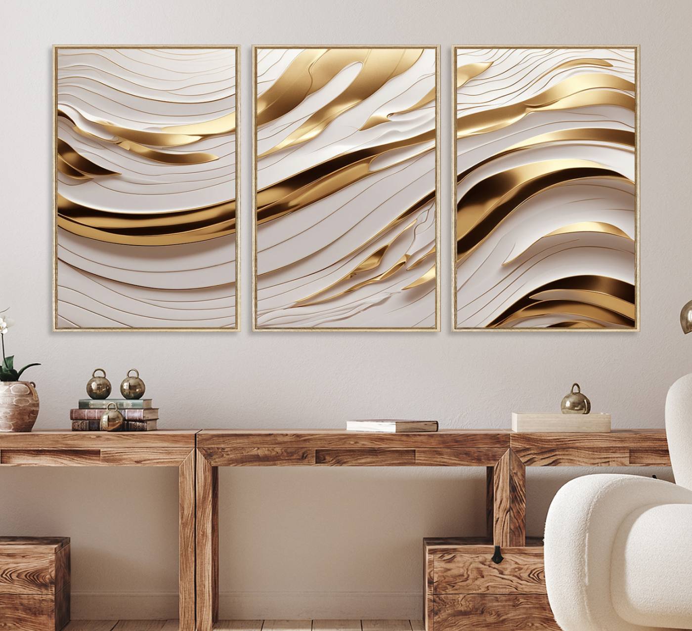 81197-MGV-FC-60X30-3P_Natural-Gold and White Abstract Wave Canvas – Elegant Flowing Design with Luxurious Golden Accents – Contemporary Home Decor