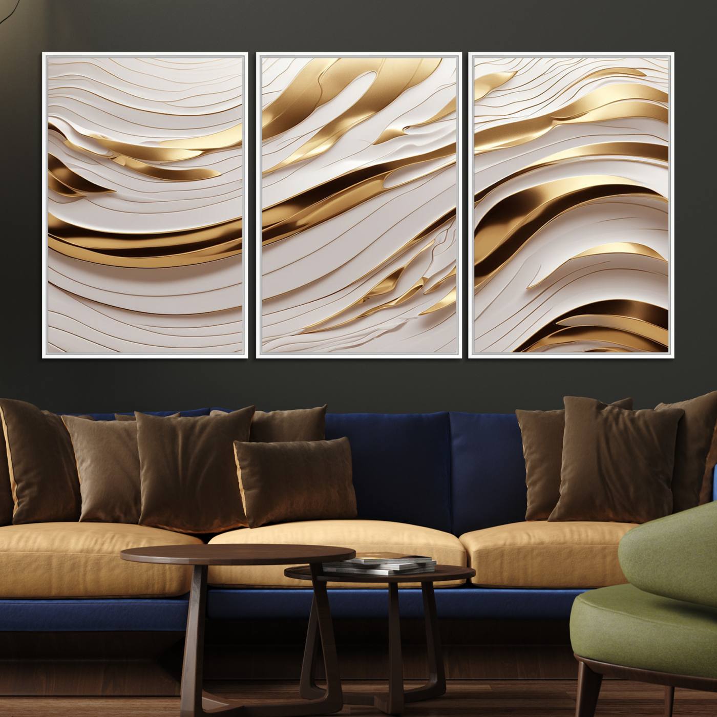 81197-MGV-FC-60X30-3P_White-Gold and White Abstract Wave Canvas – Elegant Flowing Design with Luxurious Golden Accents – Contemporary Home Decor