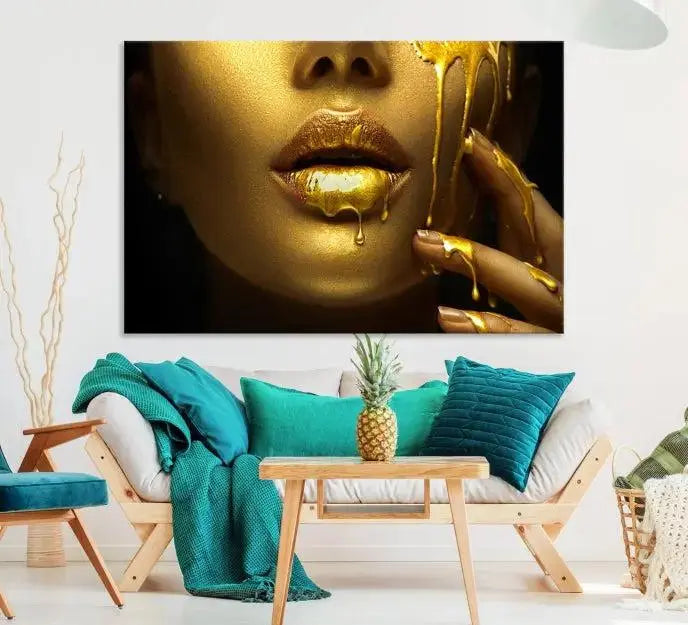 The Gold and Women Wall Art Canvas Print, with its exquisite golden depiction of a face and hand, elegantly adorns the space, bringing luxurious gold accents to this stylish living room.