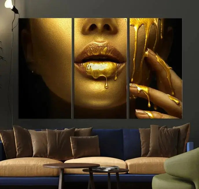 The Gold and Women Wall Art Canvas Print, with its exquisite golden depiction of a face and hand, elegantly adorns the space, bringing luxurious gold accents to this stylish living room.