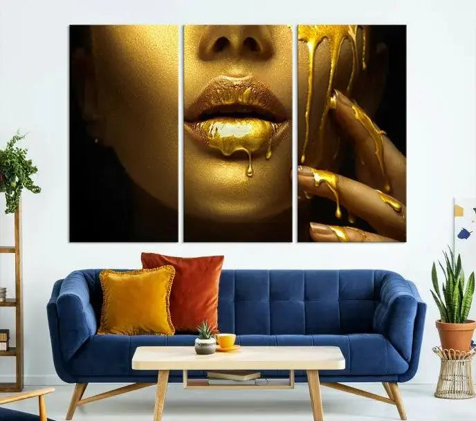 The Gold and Women Wall Art Canvas Print, with its exquisite golden depiction of a face and hand, elegantly adorns the space, bringing luxurious gold accents to this stylish living room.