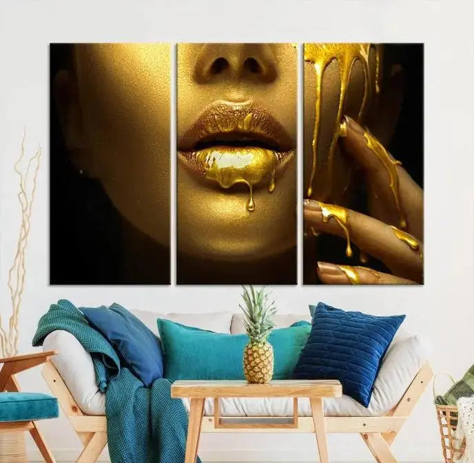 The Gold and Women Wall Art Canvas Print, with its exquisite golden depiction of a face and hand, elegantly adorns the space, bringing luxurious gold accents to this stylish living room.