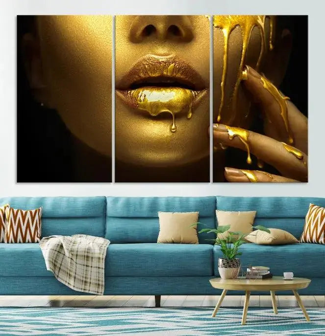 The Gold and Women Wall Art Canvas Print, with its exquisite golden depiction of a face and hand, elegantly adorns the space, bringing luxurious gold accents to this stylish living room.