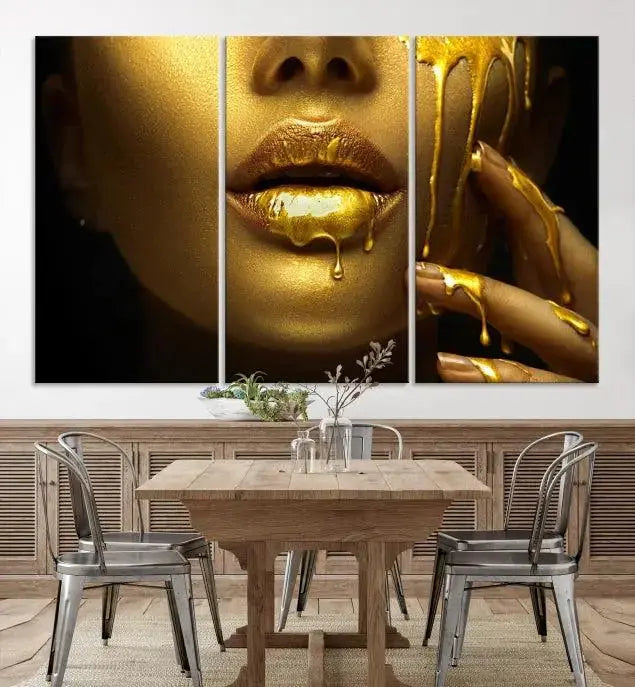 The Gold and Women Wall Art Canvas Print, with its exquisite golden depiction of a face and hand, elegantly adorns the space, bringing luxurious gold accents to this stylish living room.