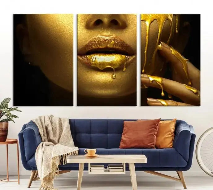 The Gold and Women Wall Art Canvas Print, with its exquisite golden depiction of a face and hand, elegantly adorns the space, bringing luxurious gold accents to this stylish living room.