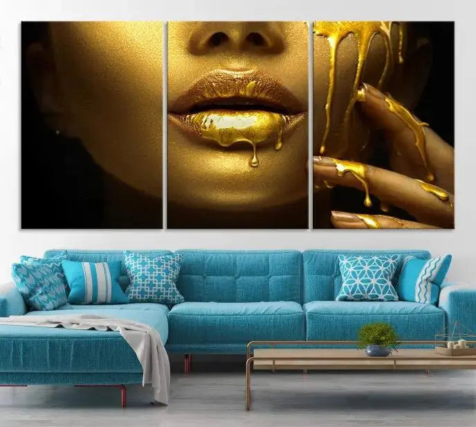 The Gold and Women Wall Art Canvas Print, with its exquisite golden depiction of a face and hand, elegantly adorns the space, bringing luxurious gold accents to this stylish living room.