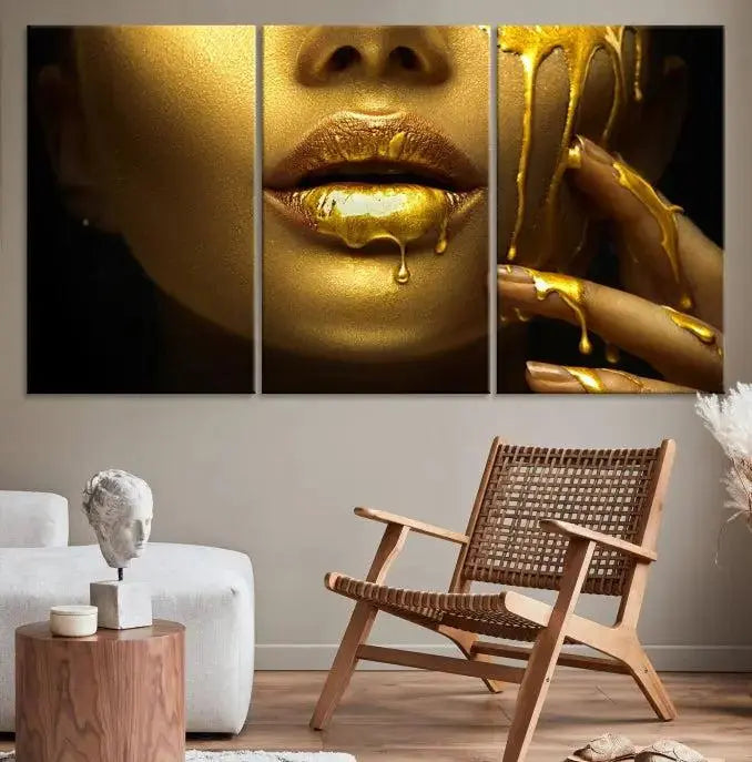 The Gold and Women Wall Art Canvas Print, with its exquisite golden depiction of a face and hand, elegantly adorns the space, bringing luxurious gold accents to this stylish living room.