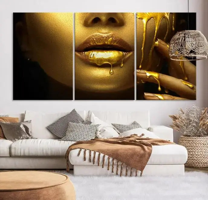 The Gold and Women Wall Art Canvas Print, with its exquisite golden depiction of a face and hand, elegantly adorns the space, bringing luxurious gold accents to this stylish living room.