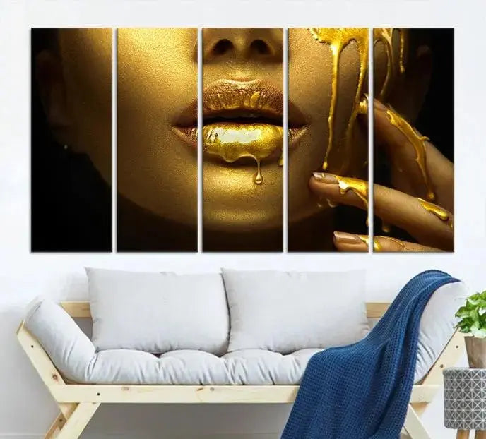 The Gold and Women Wall Art Canvas Print, with its exquisite golden depiction of a face and hand, elegantly adorns the space, bringing luxurious gold accents to this stylish living room.