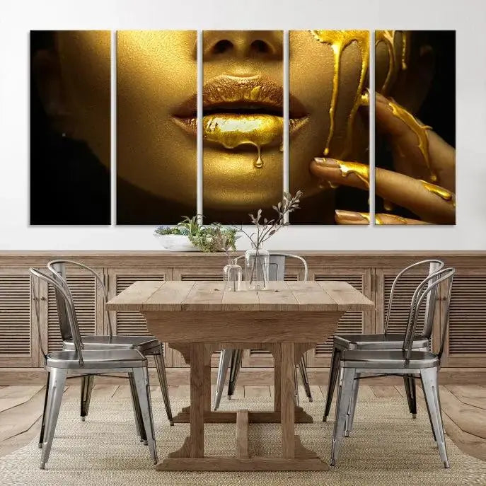 The Gold and Women Wall Art Canvas Print, with its exquisite golden depiction of a face and hand, elegantly adorns the space, bringing luxurious gold accents to this stylish living room.