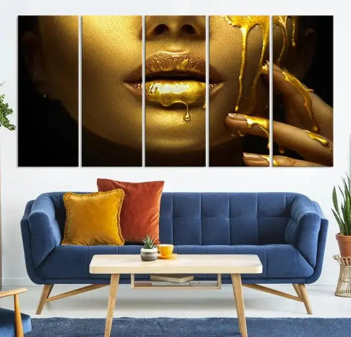 The Gold and Women Wall Art Canvas Print, with its exquisite golden depiction of a face and hand, elegantly adorns the space, bringing luxurious gold accents to this stylish living room.