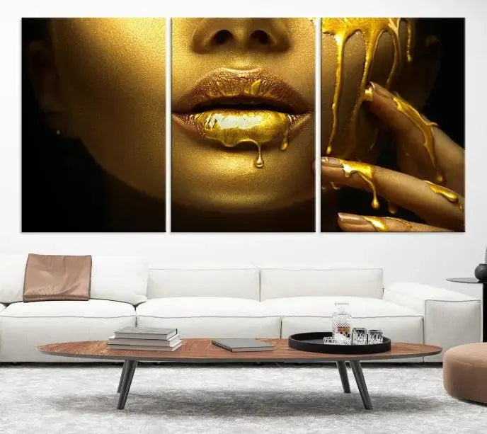 The Gold and Women Wall Art Canvas Print, with its exquisite golden depiction of a face and hand, elegantly adorns the space, bringing luxurious gold accents to this stylish living room.