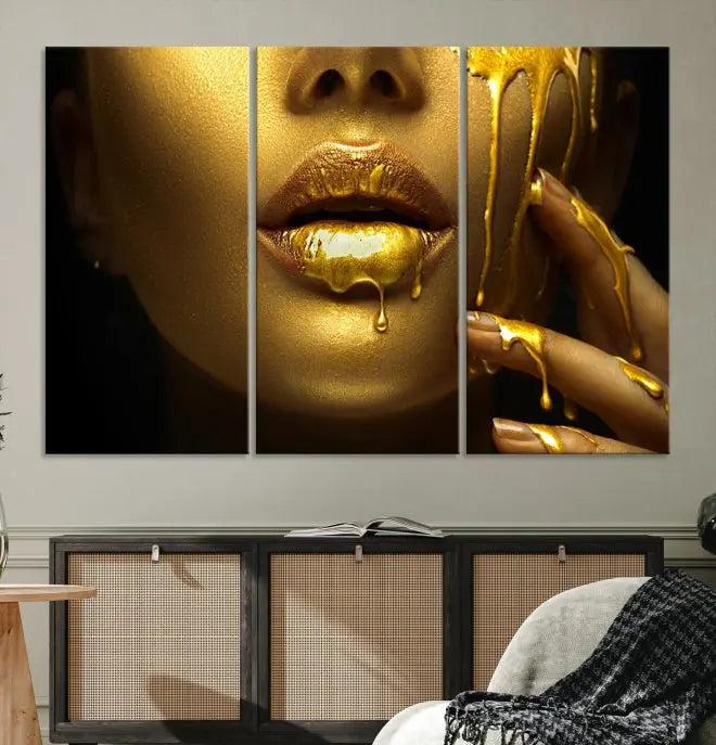 The Gold and Women Wall Art Canvas Print, with its exquisite golden depiction of a face and hand, elegantly adorns the space, bringing luxurious gold accents to this stylish living room.