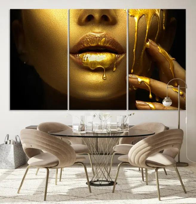 The Gold and Women Wall Art Canvas Print, with its exquisite golden depiction of a face and hand, elegantly adorns the space, bringing luxurious gold accents to this stylish living room.