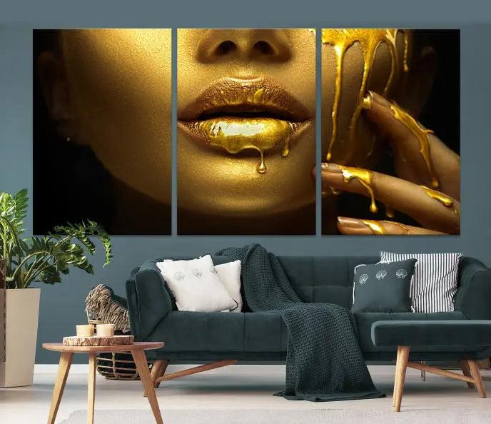 The Gold and Women Wall Art Canvas Print, with its exquisite golden depiction of a face and hand, elegantly adorns the space, bringing luxurious gold accents to this stylish living room.