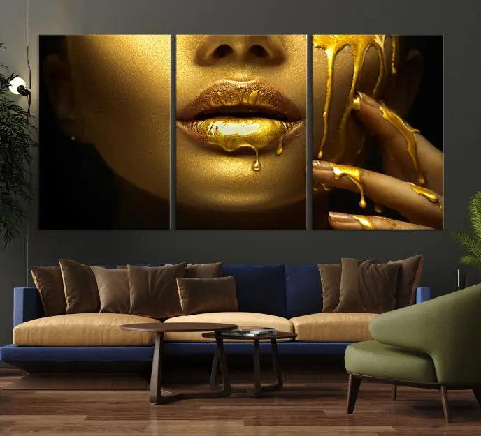 The Gold and Women Wall Art Canvas Print, with its exquisite golden depiction of a face and hand, elegantly adorns the space, bringing luxurious gold accents to this stylish living room.