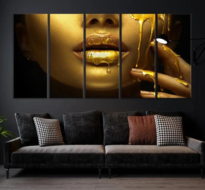 The Gold and Women Wall Art Canvas Print, with its exquisite golden depiction of a face and hand, elegantly adorns the space, bringing luxurious gold accents to this stylish living room.