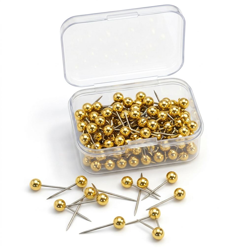 Metallic Push Pins for Travel Maps, Box of 100 Map Pins in Gold, Silver, Rose Gold, Gunmetal and Pearl