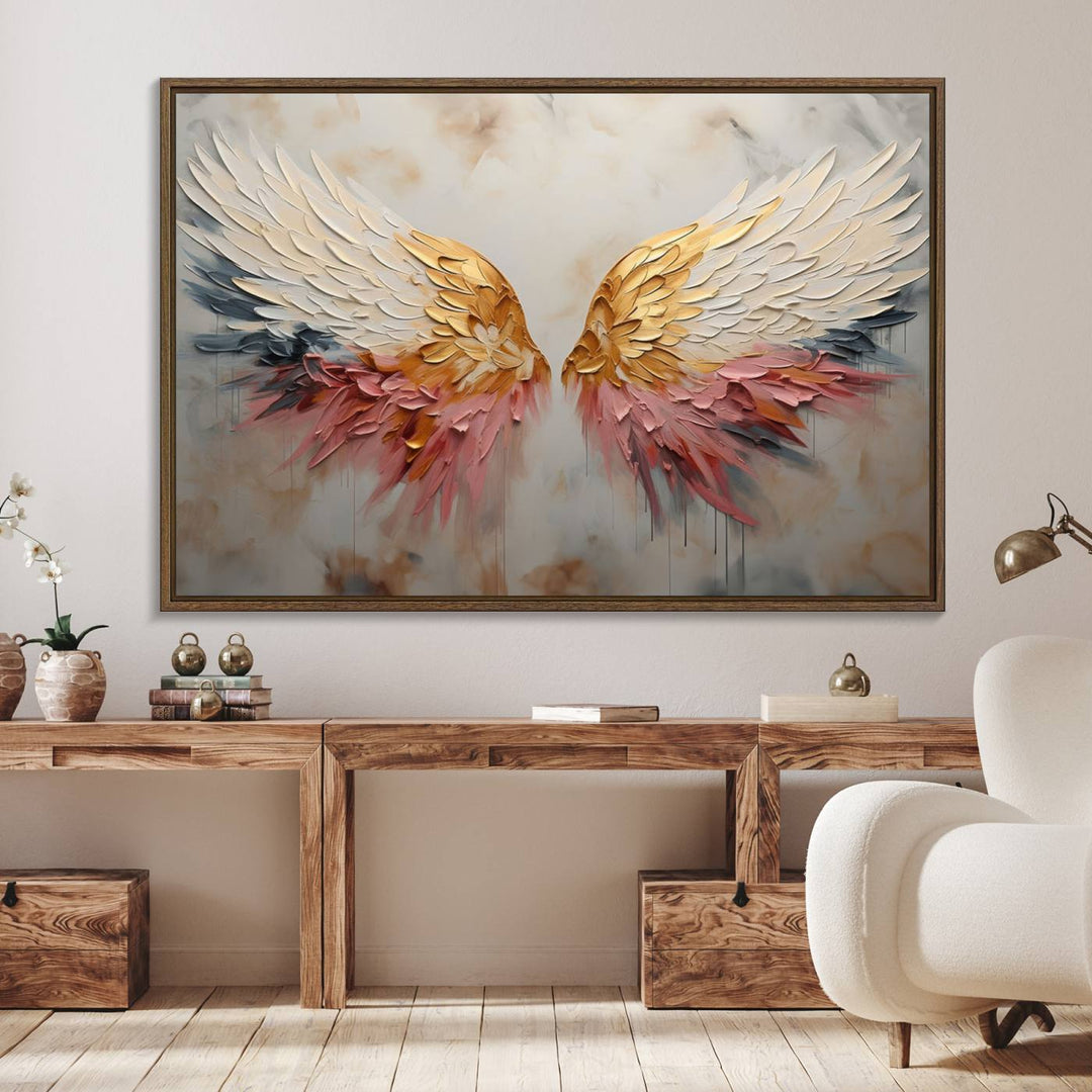 10697-MGV-FC-36X24_Walnut-Golden Angel Wings Wall Art Canvas Print – Stunning Abstract Winged Art for Elegant Home Decor – Ready to Hang