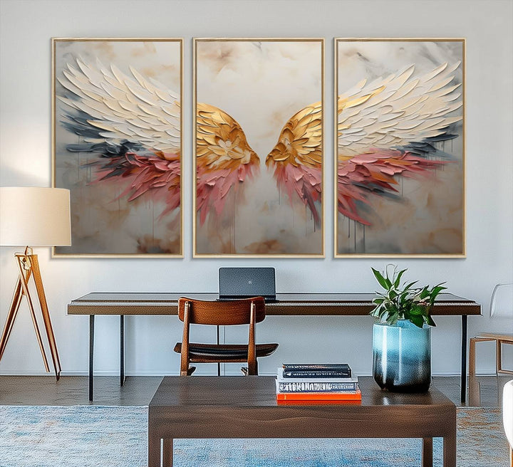 10697-MGV-FC-48X32-3P_Natural-Golden Angel Wings Wall Art Canvas Print – Stunning Abstract Winged Art for Elegant Home Decor – Ready to Hang