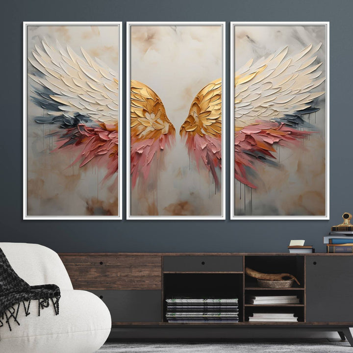 10697-MGV-FC-48X32-3P_White-Golden Angel Wings Wall Art Canvas Print – Stunning Abstract Winged Art for Elegant Home Decor – Ready to Hang