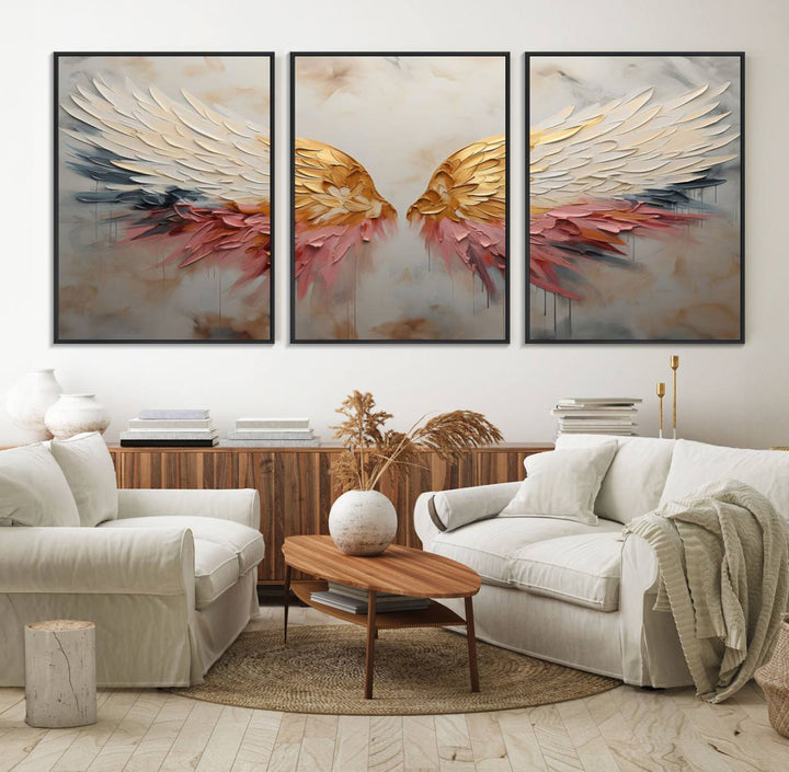 10697-MGV-FC-60X30-3P_Black-Golden Angel Wings Wall Art Canvas Print – Stunning Abstract Winged Art for Elegant Home Decor – Ready to Hang