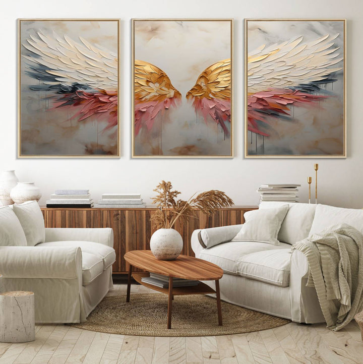 10697-MGV-FC-60X30-3P_Natural-Golden Angel Wings Wall Art Canvas Print – Stunning Abstract Winged Art for Elegant Home Decor – Ready to Hang