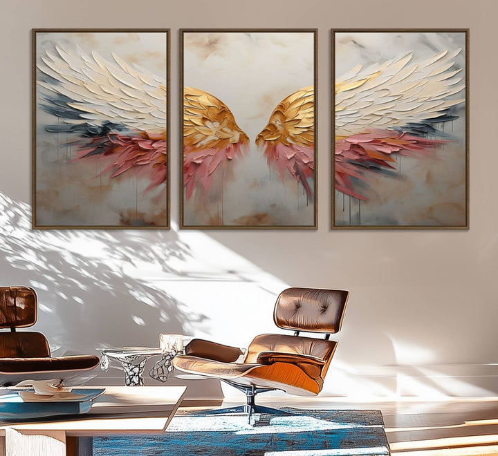 10697-MGV-FC-60X30-3P_Walnut-Golden Angel Wings Wall Art Canvas Print – Stunning Abstract Winged Art for Elegant Home Decor – Ready to Hang
