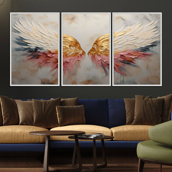 10697-MGV-FC-60X30-3P_White-Golden Angel Wings Wall Art Canvas Print – Stunning Abstract Winged Art for Elegant Home Decor – Ready to Hang