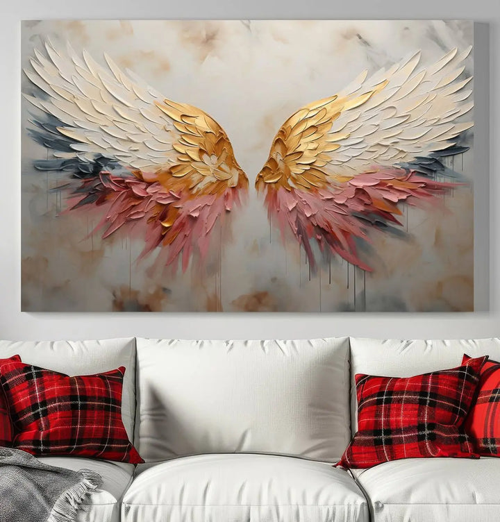 The "Golden Angel Wings Wall Art Canvas Print – Stunning Abstract Winged Art for Elegant Home Decor – Ready to Hang" adorns the dark wall above, showcasing an elegant triptych with abstract gold and pink hues.